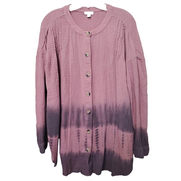 J Jill Pure Jill Pink Ombre Tie-Dye Gauze Long Sleeve Button-Up Tunic Size L - Picture 1 of 6